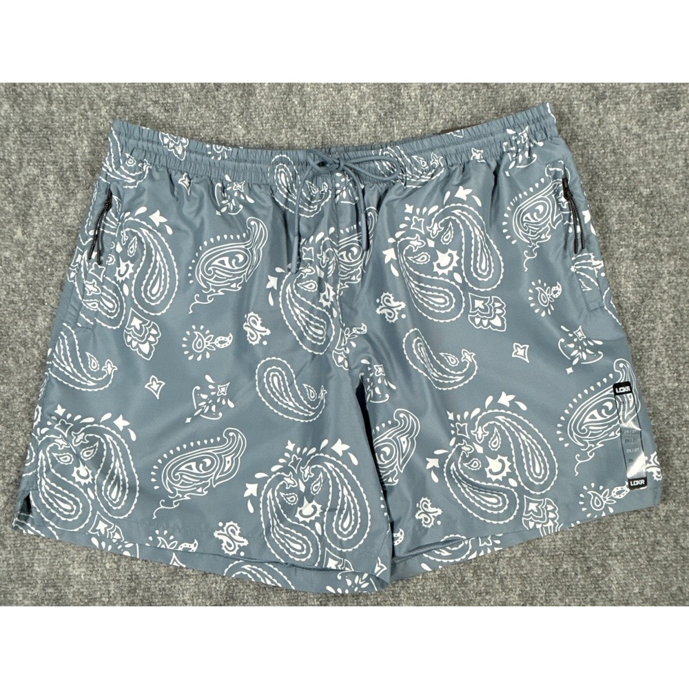 LCKR Mens 2XL Paisley Blue White Zipper Pockets Athletic Swim Shorts NWT